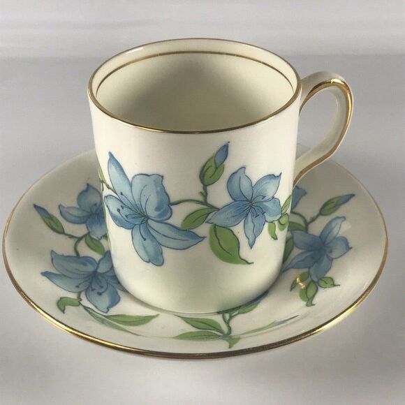 Royal Chelsea Demitasse Coffee Tea Cup Saucer w Blue Lillies Lily VTG - Picture 2 of 12